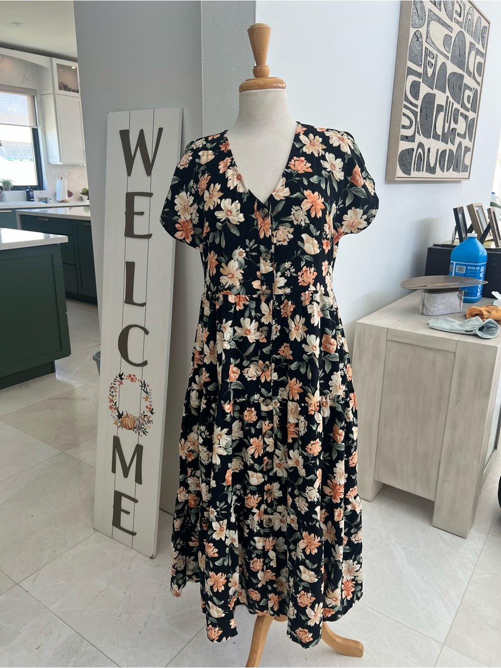 Blu Pepper Black Maxi Dress with Peach & Cream Floral Print